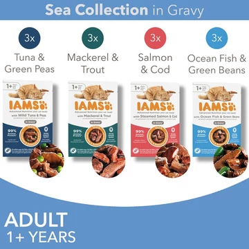 Iams Cat Delights SEA IN GRAVY multipack, többféle halas íz, ízletes szószban 12x85g